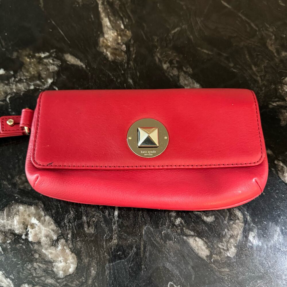 Kate Spade Evan Chrystie Street Leather Wristlet Clutch Bag Case Red Gold‎